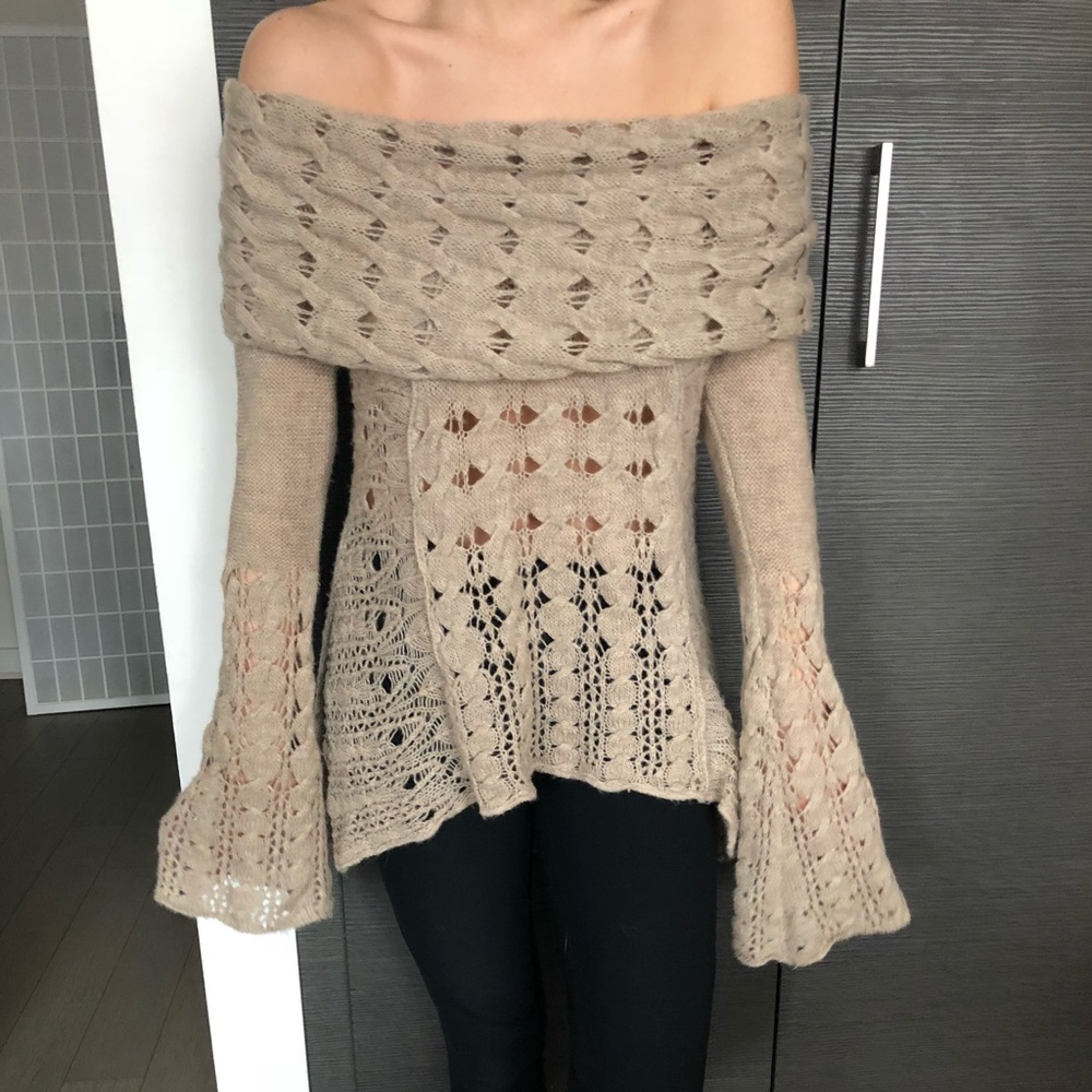 Free people off the shoulder tan sweater